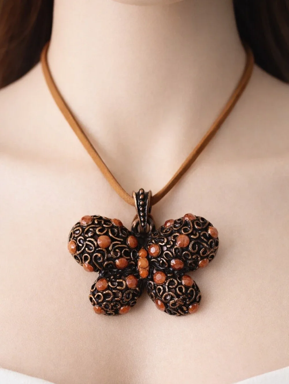 Brown Cord Filigree Butterfly Design Pendant Necklace - Women's Fashion Jewelry